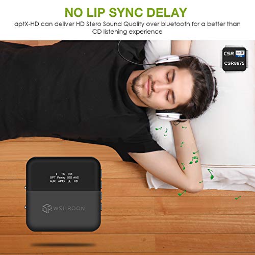 Wsiiroon Bluetooth 5.0 Transmitter Receiver, 2019 Upgraded 2-in-1 Wireless aptXHD Low Latency Bluetooth Audio with Display Screen, 3.5mm & Optical Adapter for TV/Home/Car Stereo System(Pair 2 Devices)