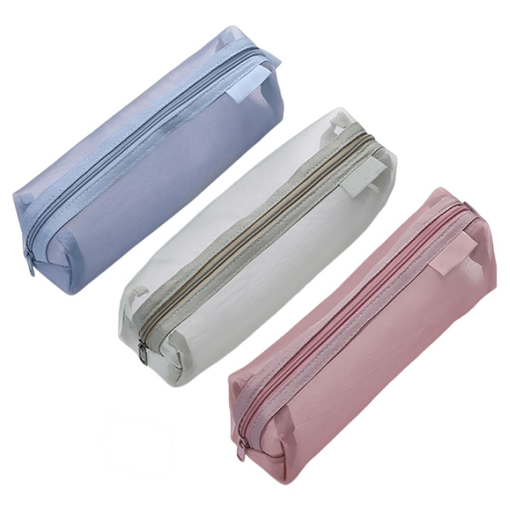 Finyoffiy 3pcs Portable Pencil Case,Zippered Mesh Storage Bag, Simple Pen Pouch,Stationery Pouch Pen Case for Office for Travel Office Women (Blue+Red+Green)