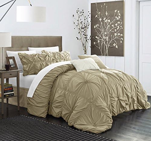 Chic Home CS1433-AN Halpert Floral Pinch Pleat Ruffled Designer Embellished King Comforter Set, 6-Piece, Taupe