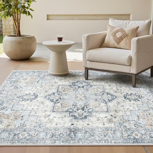 GENIMO Vintage Teppich 140x200cm, Waschbare Teppiche, Boho Teppich, Teppiche Wohnzimmer, Kurzflor Carpet rutschfest, Schlafzimmer, Esszimmer, Büro