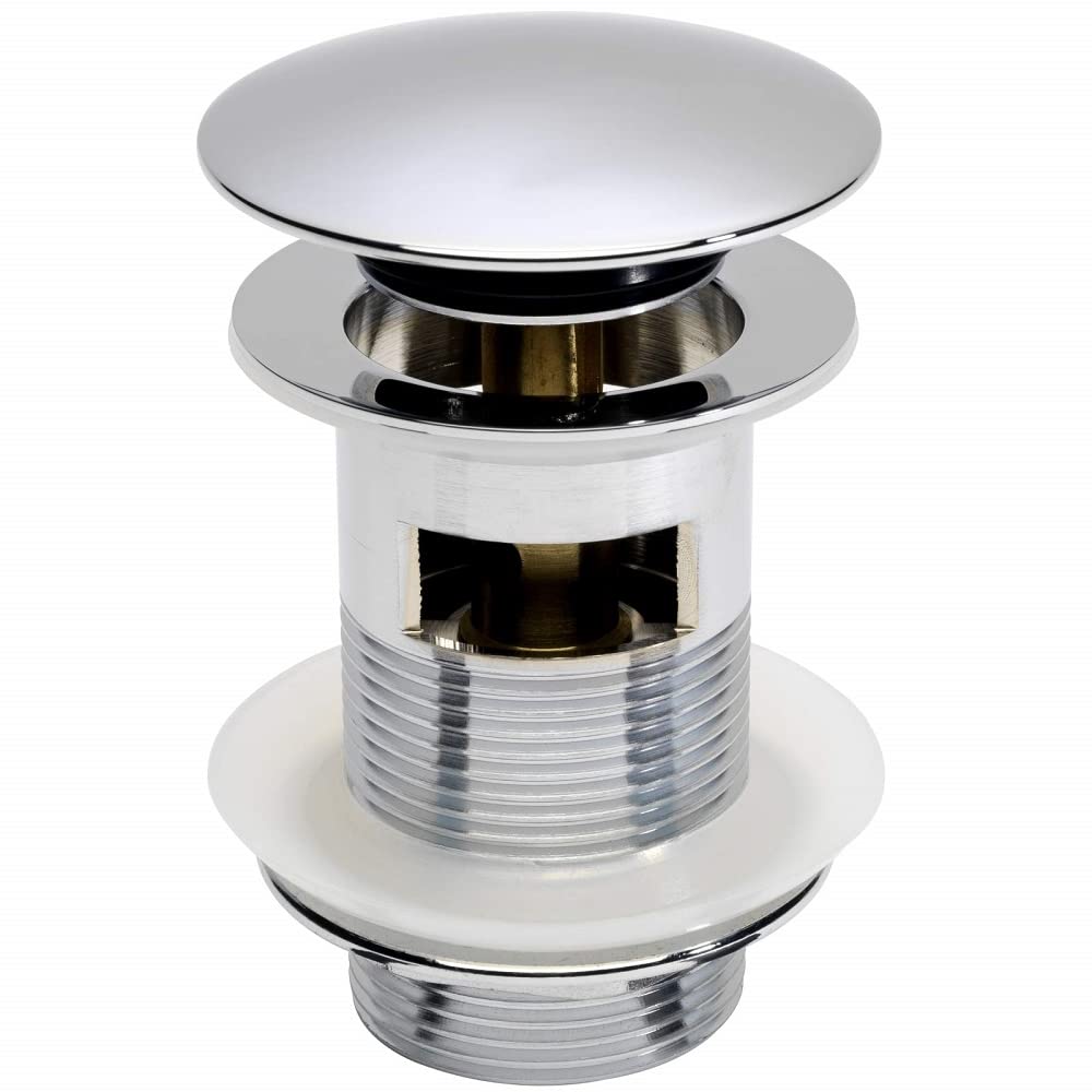 VeeBath Basin Sink Waste Modern Full Dome Pop Up Click Clack Sprung Plug Slotted with Overflow- Chrome