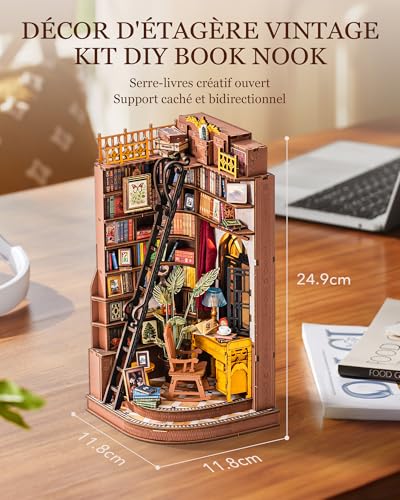 Rolife Book Nook DIY Miniature House Kit Wooden Adult Model with Lights Silent Corner Study Booknook Puzzle 3D Bookends Diorama Library Decoration Book Living Room