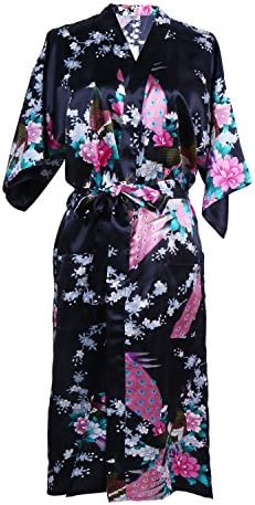 Reelva Women's Short Kimono Robes Robes Peacock Blossoms Kimono Satin Nightwear Long (XXXL, Black)