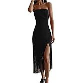 ECDAHICC Women's Elegant Strapless Tassel Tube Dress Off Shoulder Bandeau Thigh Bodycon Fringe Party Cocktail Midi Dress