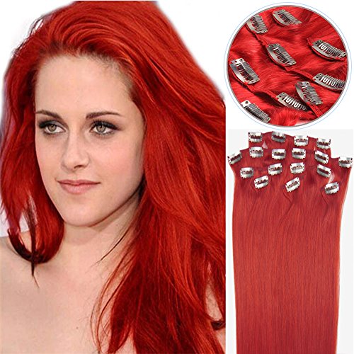Yotty Human Hair Extensions Clip in Straight Remy Hair 100gr 20'' For a Full Head (Red)