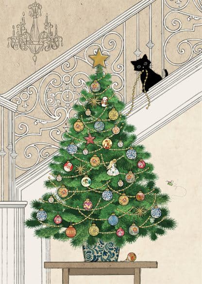 Bug Art Christmas Cards Pack of 8 - Christmas Tree and Black Cat Embossed with Foil Details - Eco-Friendly & Recyclable