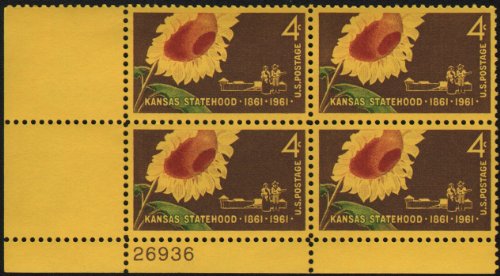SUNFLOWER ~ KANSAS #1183 Plate Block of 4 x 4Â¢ US Postage Stamps
