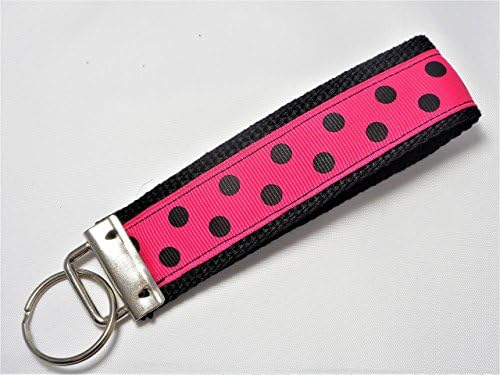 Polka Dot Ribbon Wristlet Key Fob Keychain Shocking Pink with Black Dots