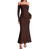 EYNMIN Women's Fall Wedding Guest Dresses Long Sleeve Spaghetti Strap Mesh Ruched Bodycon Maxi Formal Dress