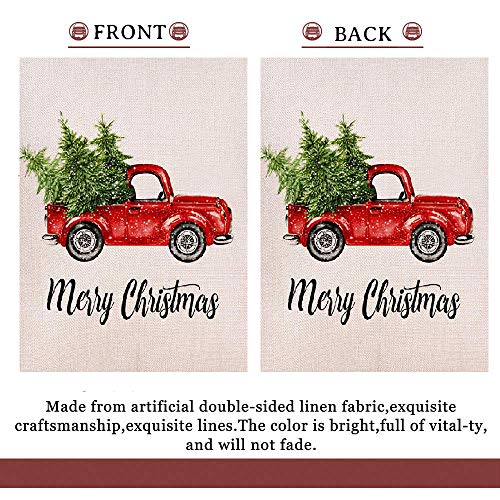 OZMI Merry Christmas Garden Flag, Xmas Double Sided Burlap Red Truck with Snow Winter Flag, Rustic Merry Christmas Decoration New Year Seasonal Outdoor Flag 12 x 18 for Holiday