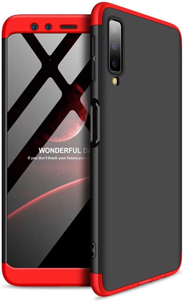 Samsung Galaxy a7 2018 Case with tempered glass, MISSDU Slim Shockproof PC 360 degree Hard Protective Back Cover - black red