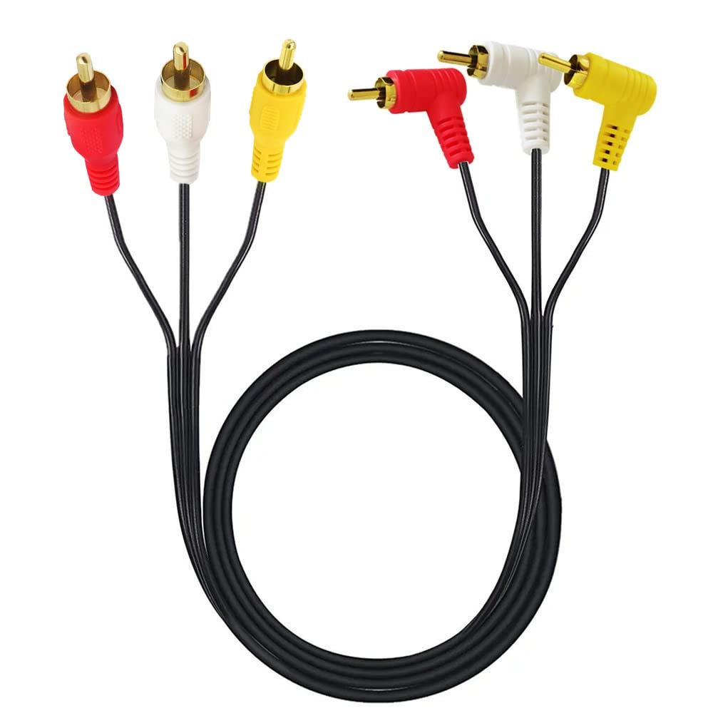 Traovien RCA Audio Video Cable, 3RCA Cable - Gold Plated 90 Degree Right Angle 3 RCA Male to Male Audio Video Splitter Cable 1.5m/5ft (M to M Bend)