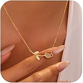 FUNYCHEN 925 Sterling Silver Dainty White Chalcedony Tulip Flower Pendant Necklace for Women 14k Gold Plated Cute Small CZ Crystal Flower Choker Necklace Bride Wedding Birth Valentine Jewelry Gifts