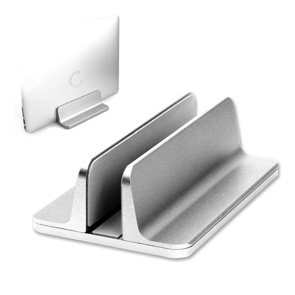 CELLONIC Vertical Laptop Stand for Desk - Upright Closed Notebook Holder Cradle Dock with Adjustable Base Compatible with MacBook, HP, Dell, Surface, ASUS, Chromebook - Silver Aluminium