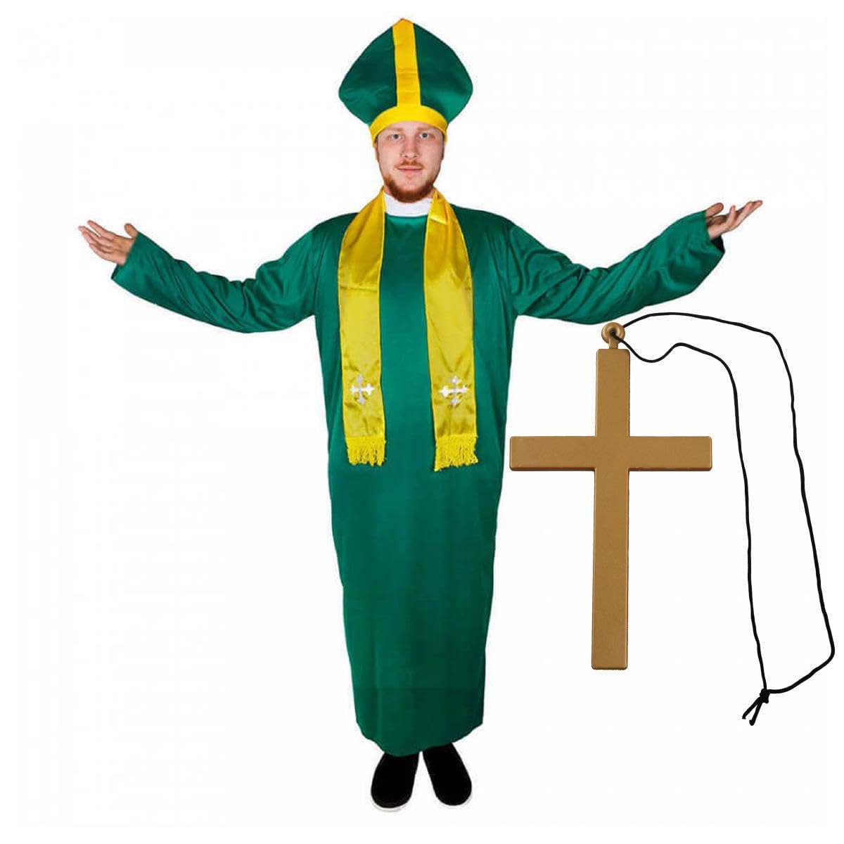 Irish Priest Costume - XLarge - Green Robe With White Clerical Collar + Gold Stole + Green & Gold Priest Hat + Cross - St Patricks Day Catholic Priest Fancy Dress Costume