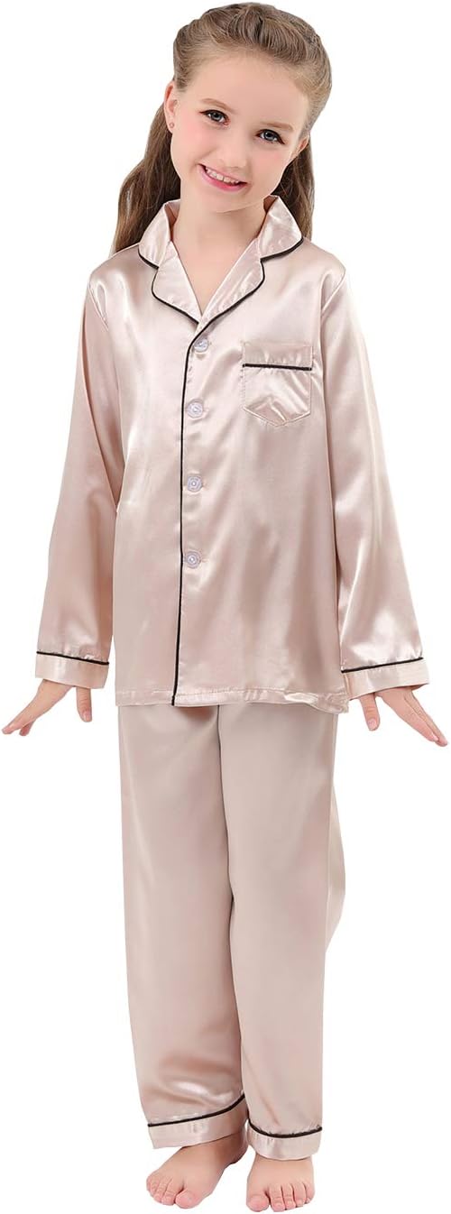 JOYTTON Kids Satin Pajamas Set PJS Long Sleeve Button-Down Sleepwear Loungewear