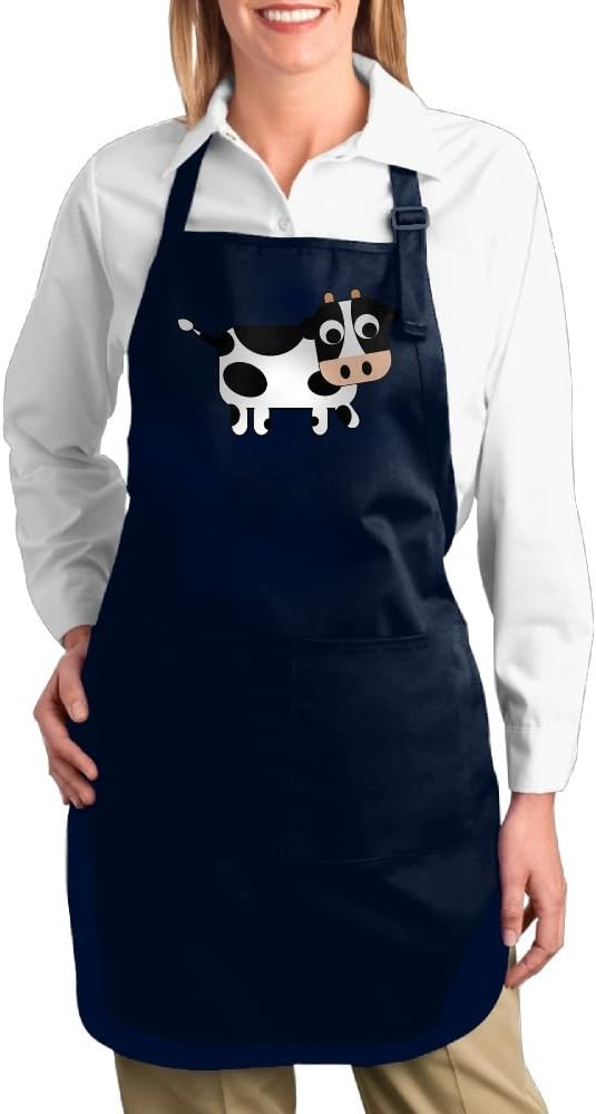 Dogquxio Cartoon Cow Kitchen Helper Professional Bib Apron With 2 Pockets For Women Men Adults Navy