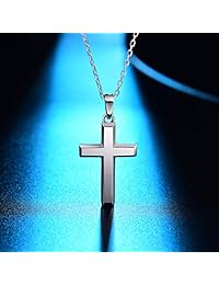 MONBO Cool Cross Pendant Necklace Classic High Polish Sterling Silver Shiny Cross Pendant Long Necklace for Men Women