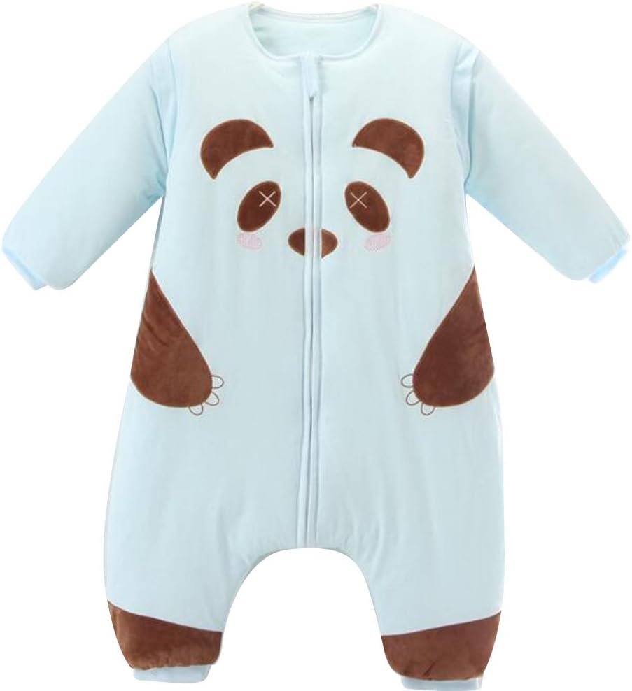 Baby sleeping bag with feet children's winter Long sleeves pajamas.Boys girls Unisex Siamese pants,kids clothing,coveralls.cotton.Thickening panda blue . (3-4 years old).85-95cm.