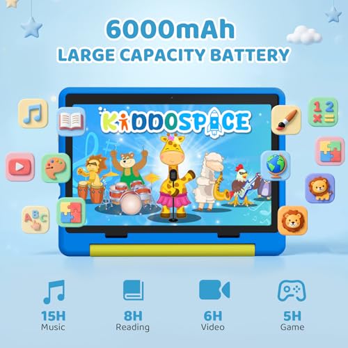 Gleeso Kids Tablet 10 inch Android 16, 24GB RAM+64GB ROM, Child Tablet 1280 * 800 IPS, 5MP+8MP Camera, 6000mAh, WiFi 6/BT 5.3, Parental Control, Toddler Tablet with Protective Case(Blue)