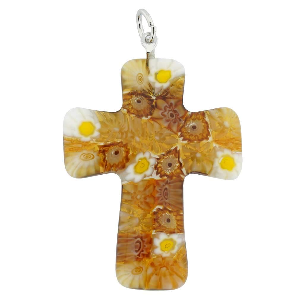 Glass Of Venice Murano Cross Pendant Millefiori Brown Golden