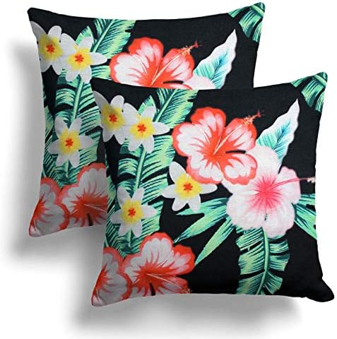 Set of 2 Black Tropical Cushion Covers, Pair of Hibiscus Pink Floral Hawaiian Flowers Design Cushion Covers, Luxury Chenille Cushion Cases, Sofa Chair Bed Throw Pillow Cases, 17" x 17", 43cm x 43cm