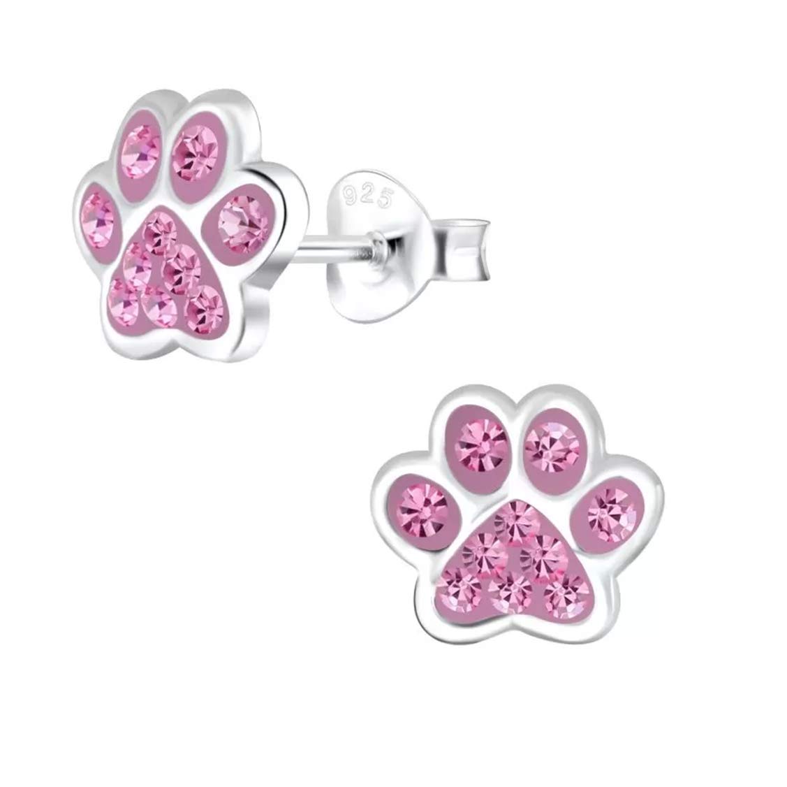 Pink Paw Print Earrings - Sterling Silver with Crystal Stones
