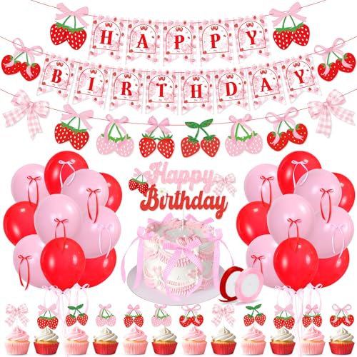 Pink Bow Strawberry Birthday Party Decor Strawberry Bows Happy Birthday Banner Cake Topper Balloons for Girls Trendy Berry First 1st Bday Decor Strawberry Themed Berry Sweet Baby Shower Party Supplies at Amazon