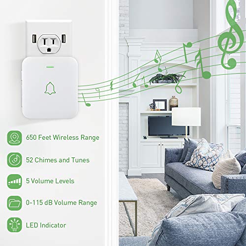 AVANTEK Self-Powered Wireless Doorbell, 1 Battery-Free Button and 1 Plug-in Receiver, IPX7 Waterpoof and Dustproof Door Bell Chime with 52 Melodies, 5 Volume Levels and CD Quality Sound