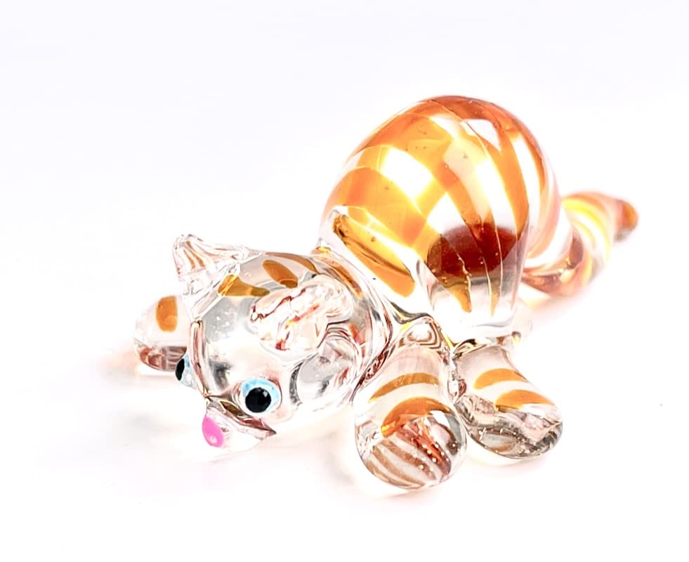 redchocol8® Handmade Small Tiny Handmade Glass Cat Ornament Clear Glass Ginger Stripy Cat Figurine Gloss Decor Terrarium Gift