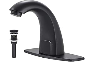 YCCUZA Black Touchless Bathroom Sink Faucet with Drain Stopper Overflow Electronic Sensor Automatic Basin Faucet with Hole Cover Plate Temperature Mixer AC/DC Powered Motion Activated Hands-Free Deck Mount