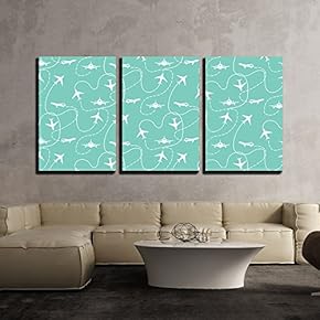 3 Piece Canvas Wall Art - Vector - Travel Around The World Airplane Routes Seamless Pattern - Modern Home Art Stretched and Framed Ready to Hang - 16"x24"x3 Panels