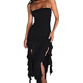 Morzq Women Ruffle Tube Dress Sexy Strapless Ruched Thigh Split Asymmetric Hem Tassel Midi Dresses