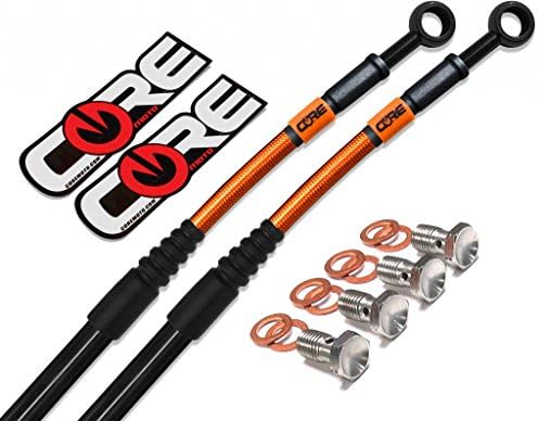 Core Moto - MX Brake Lines Combo Front and Rear Fits KTM 300XC / MXC 04-11 300 XC-W / EXC 04-15 350XCF-W / EXC-F 12-15 - Translucent Orange Lines Black Banjos Orange Logo Tags