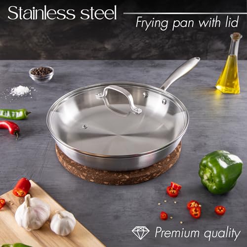nuovva Stainless Steel Frying Pan – Induction Hob Non Stick Chefs Pan – 30cm Pan with Glass Lid