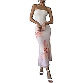 Milumia Women's Floral Print Mesh Tube Dress Strapless Flared Hem Bodycon Maxi Dresses