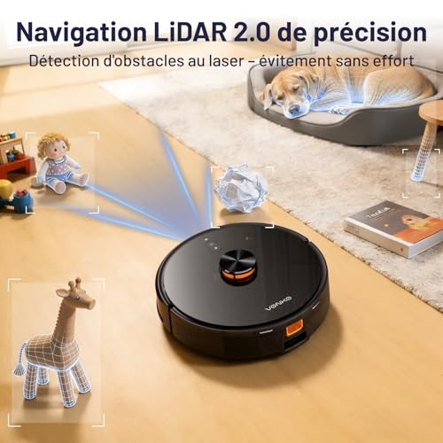 VONKO S6 Pro Robot Aspirateur Laveur avec Station de Vidage Automatique, 8000Pa, Navigation LiDAR 2.0, 180min Autonomie, Détection de Tapis, App & Alexa, Idéal Poils d’Animaux & Sols Dur,Noir