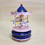 GoodPlay Carousel Wooden Music Box Wooden 4 Horses Rotating Music Box Birthday Valentine's Christmas Children Gifts Toy (Pink&Blue-Star)