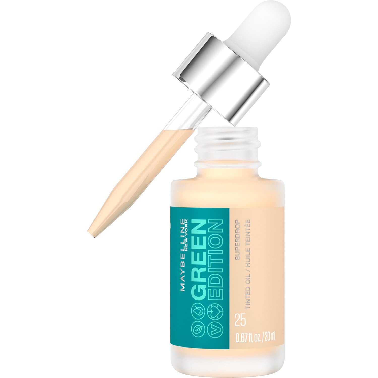 Maybelline New York Light Serum Foundation, Serum Makeup for Buildable Coverage and a Natural Finish, Green Edition Superdrop Tinted Dry Oil No. 25, Pack of 1