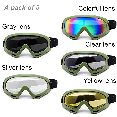 LJDJ Safety Goggles - Glasses Set of 5 - Motorcycle Goggles Dirt Bike ATV Motocross Anti-UV Adjustable Riding Offroad Protective Combat Tactical Military Goggles for Men Women Kids Youth Adult