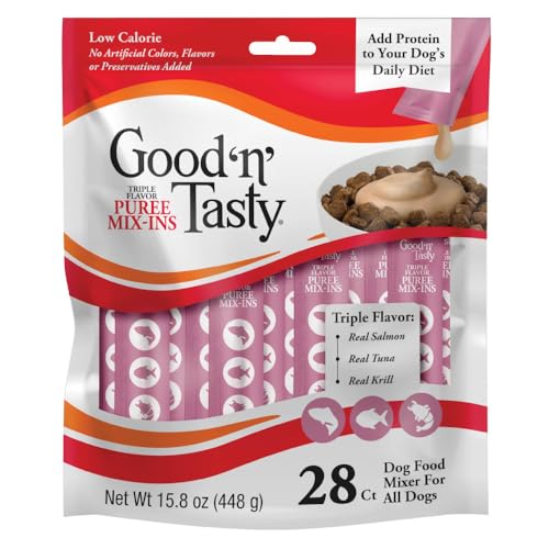 GOOD ‘N’ TASTY TRIPLE FLAVOR PUREE MIX-INS DOG FOOD TOPPER TREATS FOR ALL DOGS, 28 COUNT, EASY SINGLE-SERVE PORTIONS, ADDED PROTEIN WITH SALMON, TUNA AND KRILL, NO CHICKEN OR BEEF ADDED