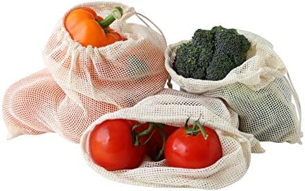Reusable Produce Bags Mesh With Drawstring For Fruits and Vegetables - Set of 4 Eco Friendly Cotton Net Sacks To Promote Zero Waste - (Food Storage, Sustainable, Medium) 9x12 in