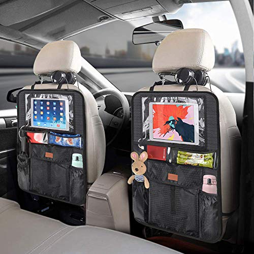 Backseat Car Organizer Kick Mats with 4pcs Headrest Hooks Hangers, Waterproof Car Seat Back Protectors with Large Storage Pockets 12" Touch Screen Tablet Holder Great Travel Accessories (2 Pack)