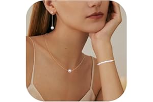 FUNRUN JEWELRY Pearl Necklace for Women 14K Gold Plated Pearl Jewelry Set Adjustable Pearl Choker Necklace Bracelet Pearl Drop Earrings Dainty Wedding Pearl Jewelry