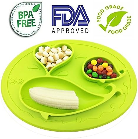 Deelish Baby Plate for Toddlers, Silicone Placemat for Kids, BPA Free, Non-Slip, 3 Compartments, Lemon Green