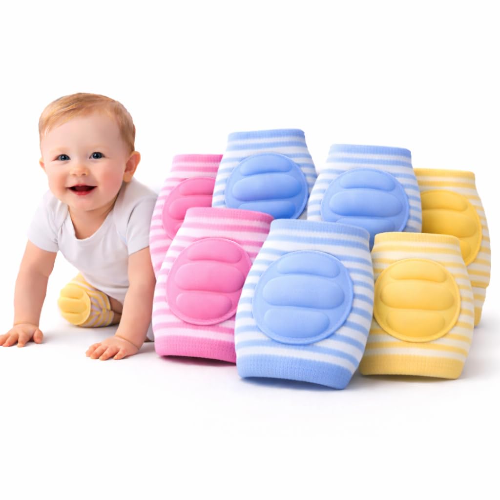 Adalex Global Baby Knee Pads for Crawling - Pack of 3 unisex Baby Knee Pads, Toddler for Protection Toddlers Elastic Anti-Slip Breathable Knee Protector Baby Toy 0-6 6-12 months (Pink, Blue & Yellow)