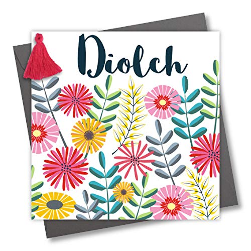 Claire Giles Greeting Cards, Welsh Thank You Card, Flowers Design Greeting Card, Embellished with a Colourful Tassel
