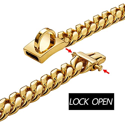 Stainless Steel Charm Metal Gold Chain Dog Collar with Buckle, Waterproof Anti-Chew Cuban Link Chain Bulldog Pendant Necklace Collar for Medium Large Dogs