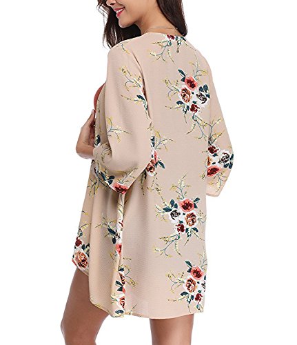 PopStore Women's Floral Print Sheer Kimono Cardigan Capes Chiffon 3/4 Sleeve Patchwork Casual Cover up Blouse Tops - Thumbnail 5