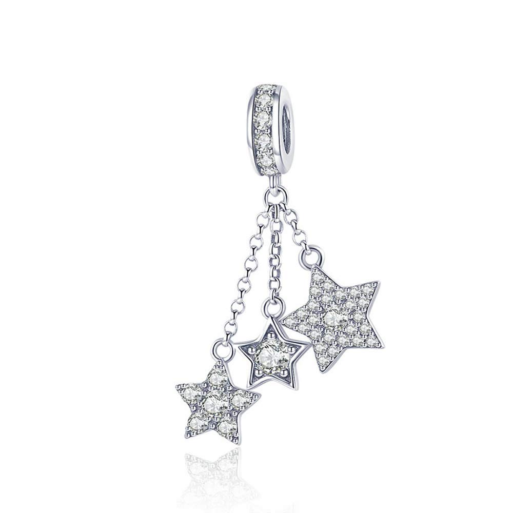 Bijoux Blu Silver Stars Genuine 925 Sterling Silver Sparkling Star Meteor Long Chain Pendant Clear CZ Charm fit Charm Bracelet DIY Jewellery